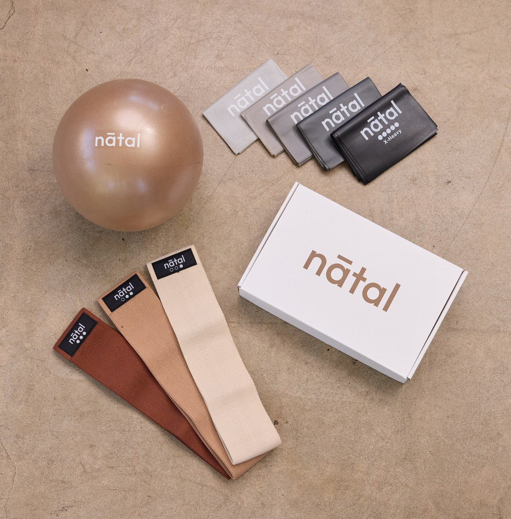 Ab ball, resistance bands, fabric hip circles and nātal box