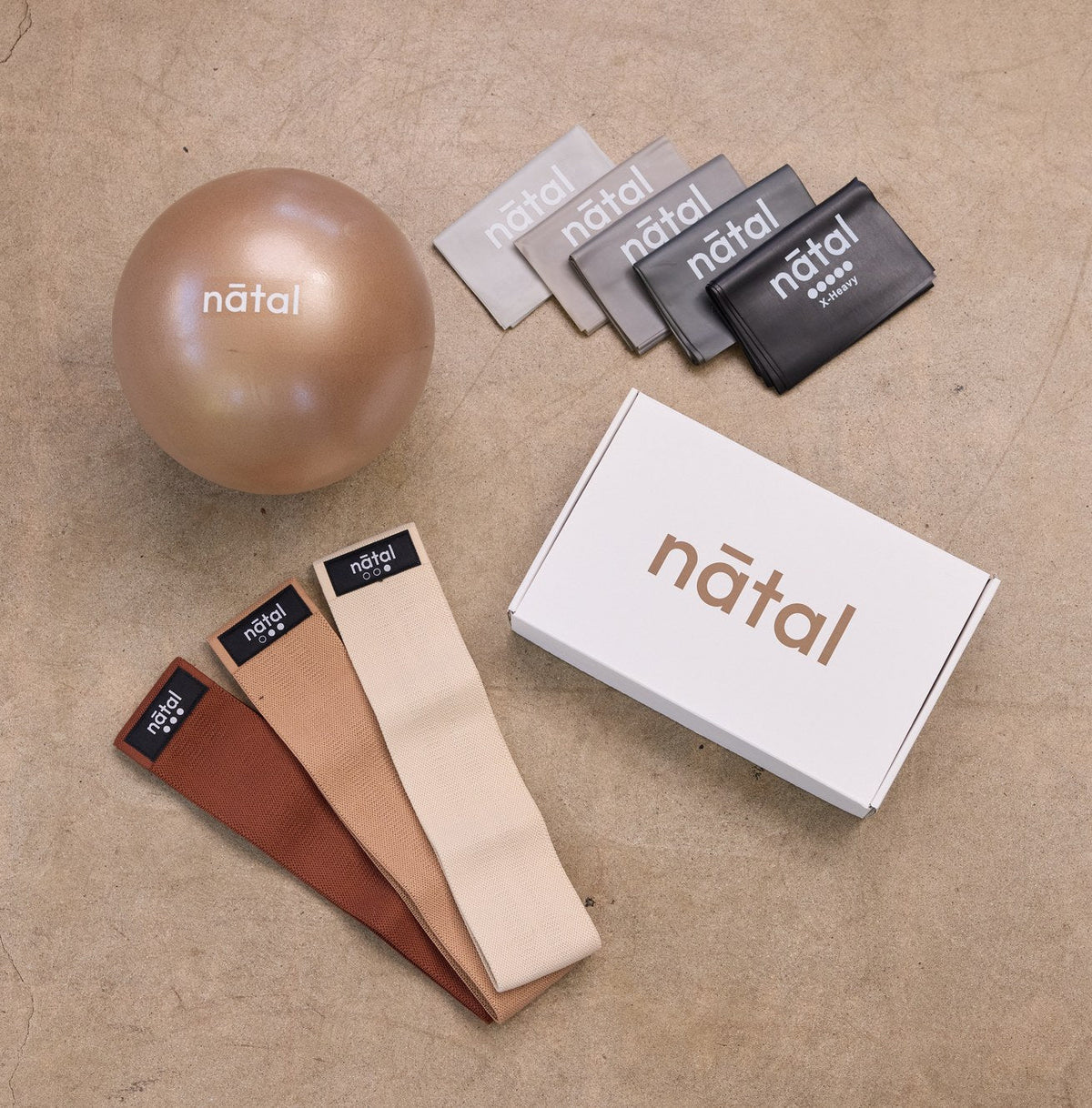 Ab ball, resistance bands, fabric hip circles and nātal box